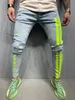 Jeans Masculino Masculino Elástico Rasgado Skinny Motociclista Listras Laterais Letra Estampado Destroy Hole Slim Fit Denim Alta Qualidade Hip Hop Preto 230706