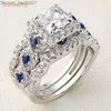 Trouwringen Trouwringen zij 3-delige set voor vrouwen 925 zilver 2 6Ct Princess Cut Wit Blauw AAAAA CZ Luxe bruidsverlovingsring Z230710