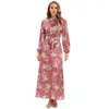 Odzież etniczna elegancka Jalabiya dla kobiet satynowa długa sukienka ze stójką zasznurować słodka tunika kwiatowy Abaya dubaj Vestidos Largos z
