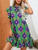 Casual Dresses Summer A-Line Print Dress For Women Ruffle Short Sleeve O-Neck Mini Boho Beach Party Elegant Ladies Sundress 2023