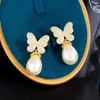 ブラブライヤリング ThreeGraces かわいいキラキラ蝶形キュービックジルコニア模擬真珠ドロップ女性のためのブラジルのデイリージュエリー E1107