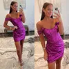 Sexy lila Pailletten-Cocktailkleid, schulterfrei, kurzes Ballkleid, Mini-Party, Heimkehr, Kleid für besondere Anlässe