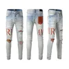 23SS Designer Am Mens Jeans Mens Mens Womens High Craft Elasticity Slim Body Jeans Byxor Lång flodhäst klistermärke Rippad denim Statkläder Skinny Pants 28-40