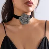 Choker Vintage Velvet Rhinestone Large Flower Chokers Necklace Gothic Black Wax Thread Long Rope Crystal Women's Neck Jewelry