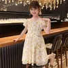 Girl Dresses Square Collar Puff Sleeve Floral Print Girls Dress Korean Fashion Princess Back Bow Kids Summer 2023