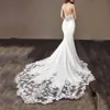 Sexy Hollow Applique Spaghetti Backless Chiffon Mermaid Wedding Dresses Illusion Open Back Satin Bridal Wedding Gown For Women318k