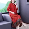 Lässige Kleider 2023 Rote Blumen Mulberry Seide Cheongsam Kleid Frauen Koreanische Vintage Frühling Sommer Langarm Elegant