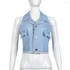 Damlinnen ANJAMANOR Blue Denim Crop Tops For Women 2023 Summer Tie Back Halter Top Streetwear Sexiga rygglösa ärmlösa skjortor D82-DA23