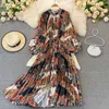 Podstawowe sukienki na co dzień drukuj dla kobiet Streetwear z długim rękawem modna koreańska sukienka Slim Midi marszczona bufiasta wiosna lato 230706