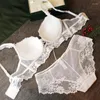 Bras Sets Sexy Lace Widened Shoulder Strap Bralette Flying Sleeve Retro Velvet Drawstring Concentrated Gathering Thick Sponge Bra Set