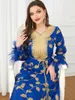 Abbigliamento etnico Abito da sera elegante blu royal Ricamo Maniche lunghe Applique di piume Abiti da festa musulmani del Medio Oriente Ramadan Abaya