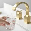 Bathroom Sink Faucets Waterfall 2 Handles 3 Holes Brushed Gold Lead- Free Widespread Faucet Brass Top Quality Cold