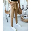 Fabric England Style Women Summer Solid Color Pencil Pants Bandage Design Pockets Decor High Waist Slim Hips Trousers for Streetwear