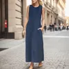 Vestidos casuais verão folgado denim envelhecido vestido longo moda feminina solto sem mangas bolso na altura do tornozelo elegante emenda maxi