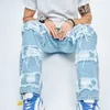 Męskie dżinsy proste męskie stylowe hip-hopowe poszarpane łatki luźne spodnie Streetwear męskie dorywczo proste spodnie jeansowe 230706