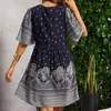 Sukienki na co dzień Moda damska Luźna sukienka Kwiatowy nadruk Krótki rękaw Plisowany Mini dekolt w szpic Bohemia Sundress Summer Vintage