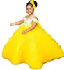 Jaune Luxueux Fleur Fille Robes Sheer Cou Robe De Bal Perlé Cristaux Tiers Tulle Lilttle Enfants Anniversaire Pageant Robes De Mariage