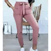 Fabric England Style Women Summer Solid Color Pencil Pants Bandage Design Pockets Decor High Waist Slim Hips Trousers for Streetwear