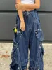 サイバー Y2k パンクワイドレッグだぶだぶのファッションジーンズ Techwear ハイウエストの女性のデニムパンツストラップパッチワークストリートズボン