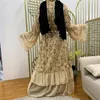 Abbigliamento etnico alla moda in chiffon con paillettes impiombato manica svasata cardigan musulmano abito islamico per le donne abito hijab