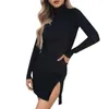 Vestidos Casuais Esticados Bodycon Vestido Curto Feminino Cor Sólida Body Gola Manga Longa Bolso Fenda Vestidos Para Mujer