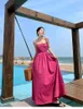 Freizeitkleider Damen Spaghettiträger Rose Farbe Slash Neck Hohe Taille Strandurlaub Maxi Langes Kleid SML