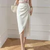 Skirts Women's Korean Fashion Clothing Black Skirt Mid Length Irregular Bead Split One Step High Waisted White