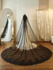 Gothic Black Lace Applique Edged Muslim Wedding Veils For Bride Exquisite Sequins Beaded Long Bridal Veil Wedding Hair Accessories With Comb One Layer 3m CL2554
