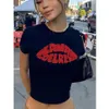 Camiseta Feminina Printcess Feminina Y2K Sexy Slim Manga Curta Decote Redondo Crop Top Clud Sn Print Crop Tee Cool Street Fashion Women Clothing 230707