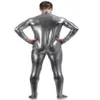 Metallic Silver grigio oro Abbigliamento da ballo attillato da uomo Shiny Metallic Unitard Zentai Suit Front Zip unisex 258L