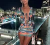 Kadınlar Mini Elbise Uzun Kollu Döküm Boyası Baskı Patchwork Slit Bodycon Elbise Kulüp Partisi