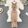 Casual Dresses Trendy High Split Knitted Lady Summer Dress V-shaped Back Women Maxi Elastic Ball Vest Female Clothes