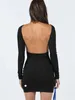 lu Backless Dress Women Sexy Party Bodycon Dresses Y2K Mini Slim Long Sleeve Solid Casual Summer Autumn Short Soft Robe EQJP