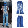 Pantalones de hombre Hellstar Blue Retro Mud Print Pantalones casuales deportivos desgastados High Street Pantalones de campana para hombres y mujeres T230707