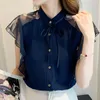 Blusas Femininas Chiffon Camisa Feminina Manga Curta 2023 Verão Ruffle Roupas da Moda Estilo Francês Tops Senhoras Azul Sem Mangas Emendadas