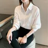 Women's Blouses Office Ladies Button Up Lapel Solid White Shirt Women's Pocket Long Sleeve Top Casual Oversized Loose Bottoming Clothes