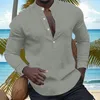 Men's Casual Shirts Men Linen Long Sleeve Top Shirt V Neck Button Up Male Business Fit Blouse Solid Flower Cardigan Blouses