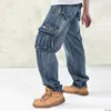 Herrjeans Baggy Oversize Lös Stor storlek Mode Streetwear Hip Hop Byxor Flera fickor Skateboard Cargo Man Denim Joggers