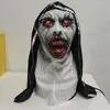 Festtillbehör Helt huvud Realistisk Evil Nunna Mask med huvudduk Skrämmande blodig mun Halloween Cosplay Skräckfilm