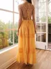 Abiti casual di base Bohemian Shirring Maxi Dress Summer Drawstring Ruffle Trim Fashion Slim Backless Sexy Cotton Pleated Vestidos 230706