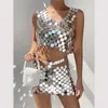 Belly Chains IngeSight.Z Sexy Metal Disc Body Chain for Women Trendy Silver Color Sequins Harness Underwear Belly Chain Mini Skirt Festival 230706