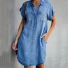 Robes décontractées Dames Robe Bouton Poche Été Mini Manches Courtes Revers Denim Couleur Unie Simple Boutonnage Côté Split