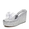Liyke PVC Transparent Slippers For Women Fashion Crystal Bowknot Summer Designer Slides Shoes High Heels Platform Wedge Sandals