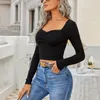 Women's T Shirts Women Sexy Low Cut Square Neck Long Sleeve Basic Crop Top Knit Solid Color Tops