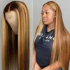 Straight Highlight Människohår Ombre Brun Honung Blond Brasiliansk Remy Lace 13x4 Spets Front Peruker För Kvinnor Förplockade