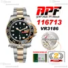 APF GMT II VR3186 VR3285 Automatik-Herrenuhr, Keramiklünette, zweifarbiges Gelbgold, schwarzes Zifferblatt, 904L OysterSteel-Armband, Super Edition, gleiche Seriennummer, Karte Puretime C3