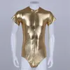 Combinaison de corps pour hommes une pièce Wetlook brillant métallique coupe haute manches courtes justaucorps à glissière pour hommes fête discothèque278p