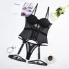 Conjuntos de sutiãs Yimunancy Conjunto de lingerie de malha de 2 peças Strapwork Patchwork Clássico Preto Erótico Acolchoado Breif Roupa de dormir