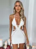 Hollow Out Halter Fashion Mini Dress Women Summer New Sleeveless Backless Skinny Club Party Knit Tank Dress Vestido