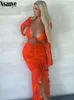 Basic Casual Klänningar Nsauye Långärmad Orange Volanger Maxi Höst Kläder Kvinnor Klubbfest Y2K Eleganta kläder Sexig Cut Out Klänning 230707